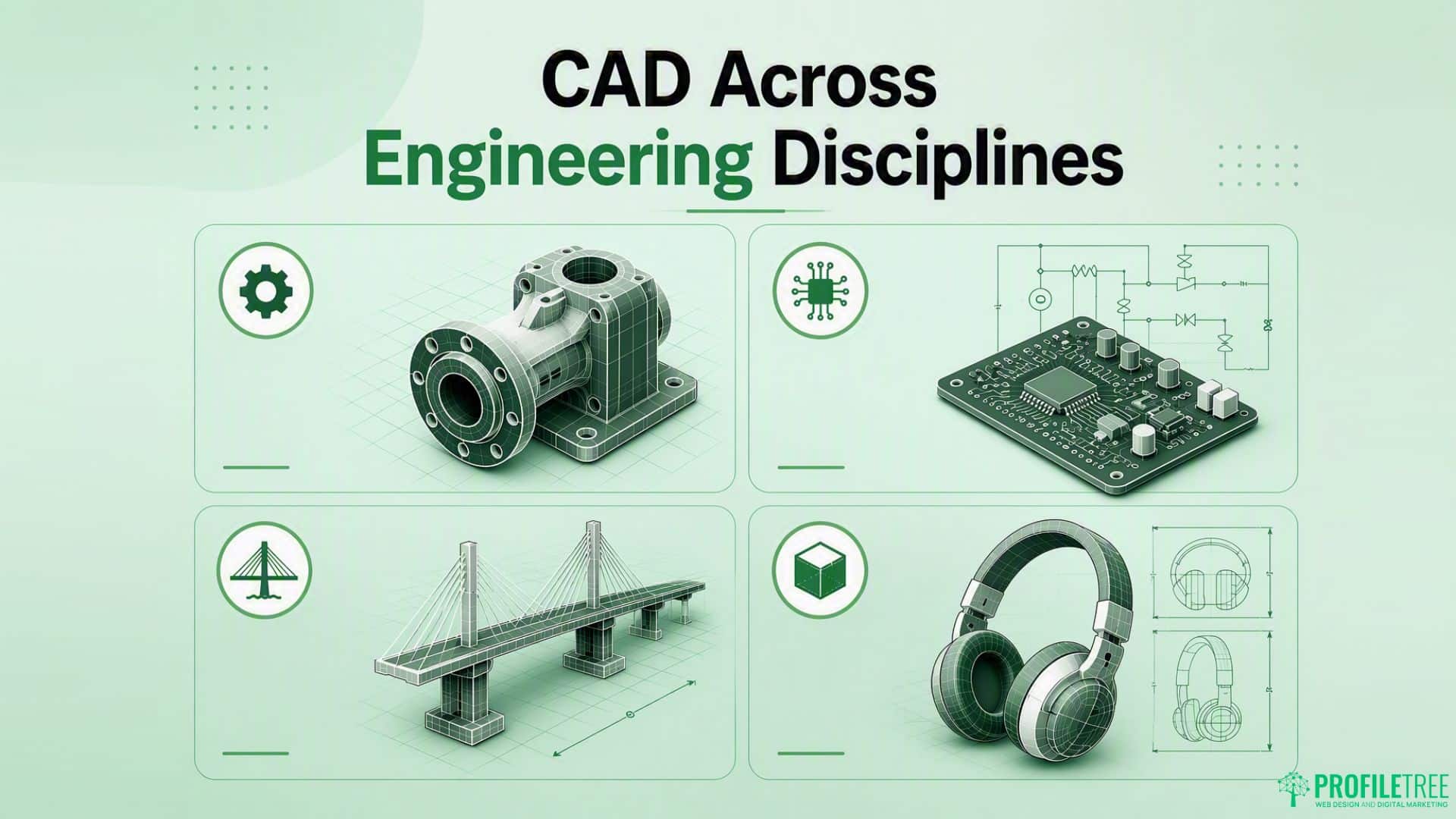 A graphic titled CAD Across Engineering Disciplines shows CAD software models of a machine part, circuit board, bridge, and headphones, highlighting use across mechanical, electrical, civil, and product design.