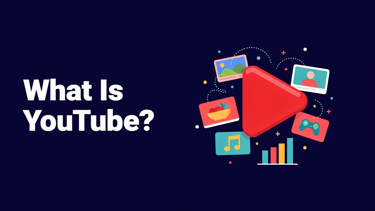 Flat vector banner illustrating what is YouTube, with a play symbol, video tiles and growth charts