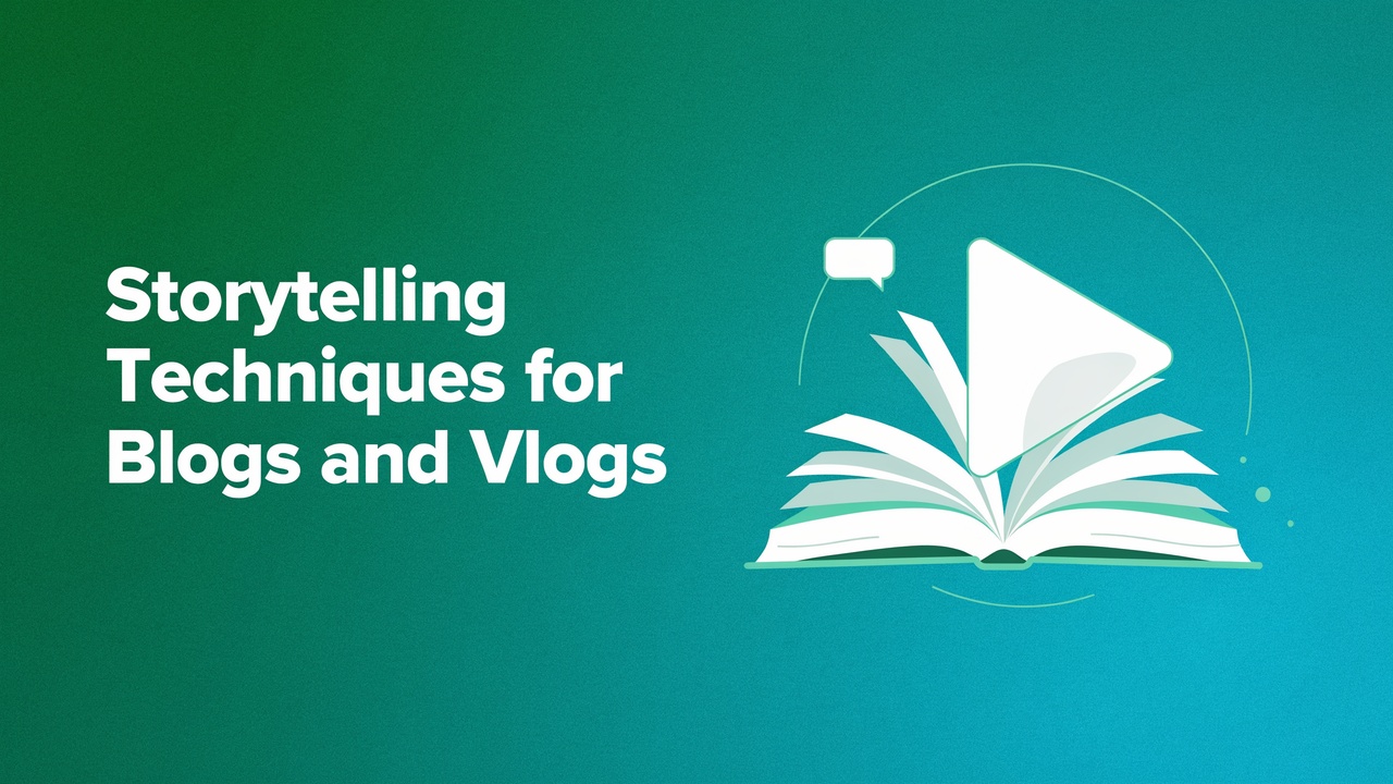 Flat vector banner on storytelling techniques for blogs and vlogs, with a book, play button and arc