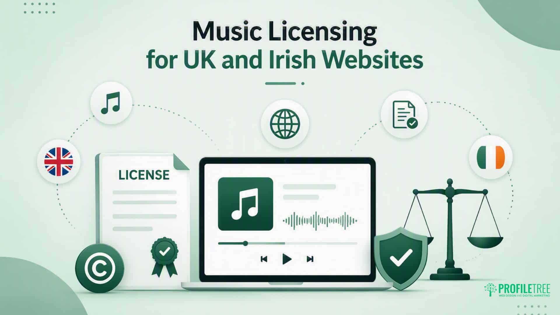 Illustration showing a laptop with music icons, a licence certificate, UK and Irish flags, globe, shield, copyright sign, and justice scales. Text reads: Music Licensing for UK and Irish Websites—perfect for those looking to add music to your WIX website legally and securely.
