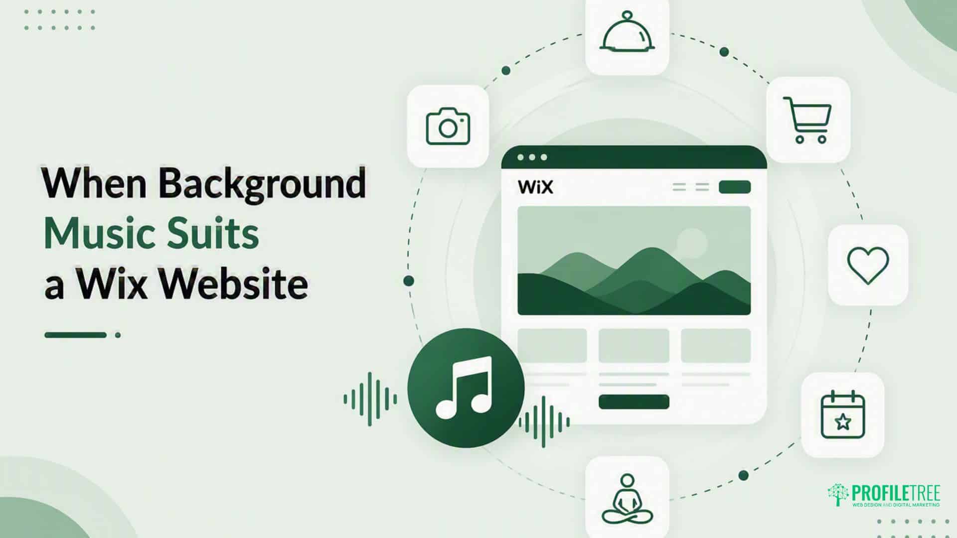 Illustration showing a WIX Website surrounded by icons (musical note, camera, shopping trolley, yoga, service bell) with the text: When Background Music Suits a WIX Website. Perfect for showcasing how easy it is to add music to your Wix website and create an engaging online experience.