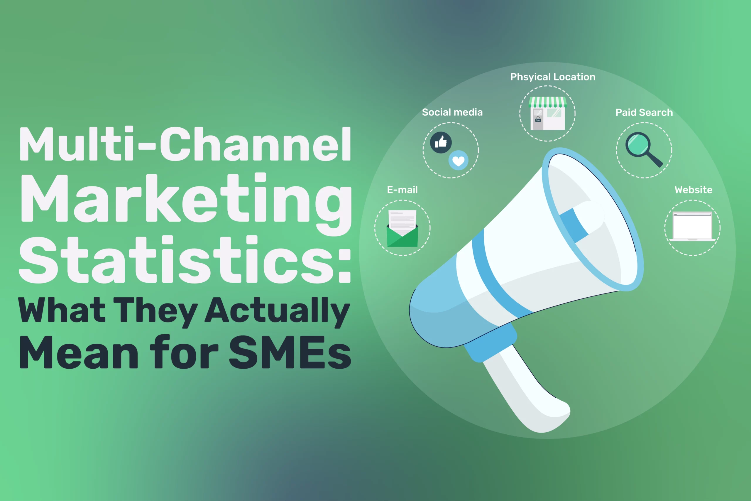 A graphic with a megaphone and icons for email, social media, website, paid search, and physical location. Text reads Multi-Channel Marketing Statistics: What They Actually Mean for SMEs. This visual highlights the impact of an effective multi-channel strategy in modern marketing for small and medium-sized businesses.