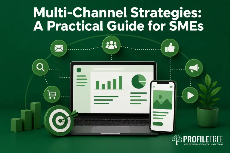 Multi-Channel Strategies A Practical Guide for SMEs: A laptop and smartphone display graphs and profiles, surrounded by marketing icons, under the title Multi-Channel Strategies: A Practical Guide for SMEs. Perfect for small businesses looking to boost their social media presence, the PROFILETREE logo is at the bottom right-hand corner.