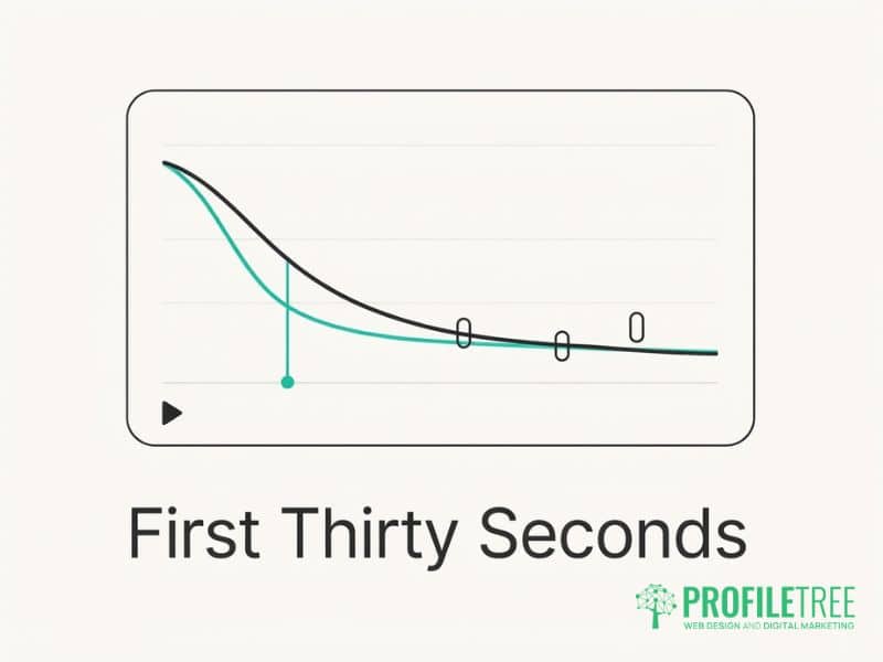 Flat vector illustration of a video retention curve with the opening thirty seconds marked in bright teal
