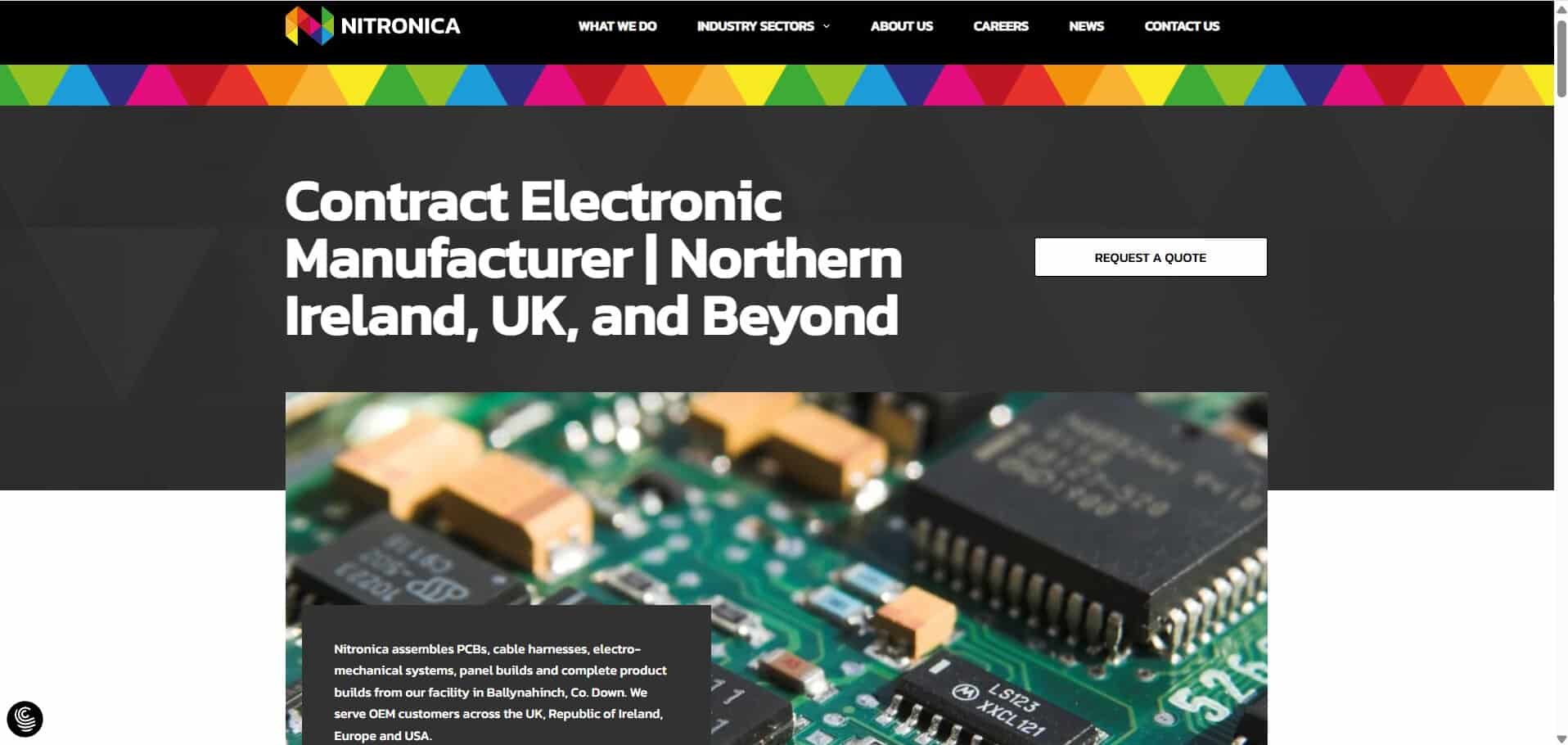 Manufacturing Website Design and Branding: Nitronica homepage hero heading with request a quote button