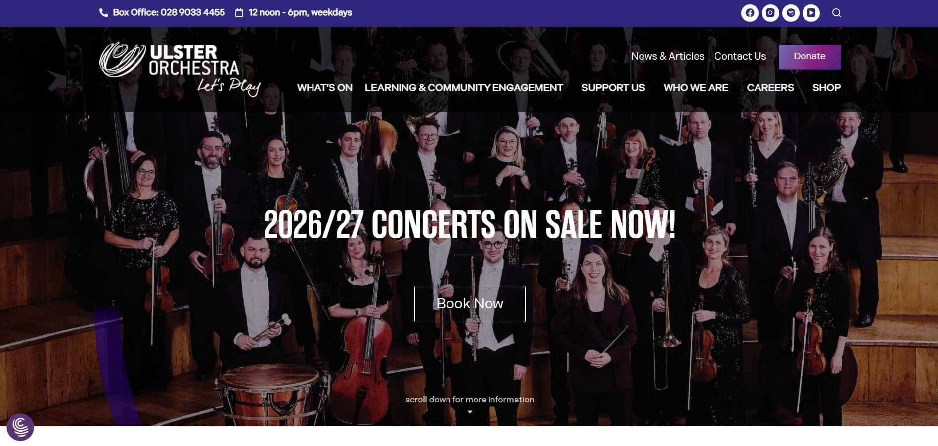Orchestra Website Design: Ulster Orchestra homepage hero with main navigation and concert booking call to action