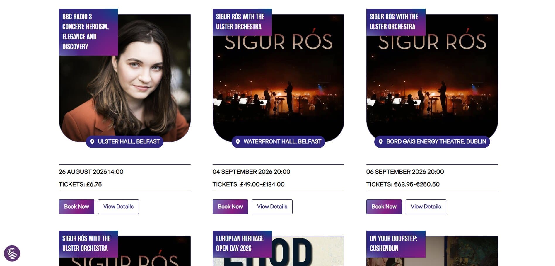 Orchestra Website Design: What's On listings showing concert venues, dates, ticket prices and booking buttons