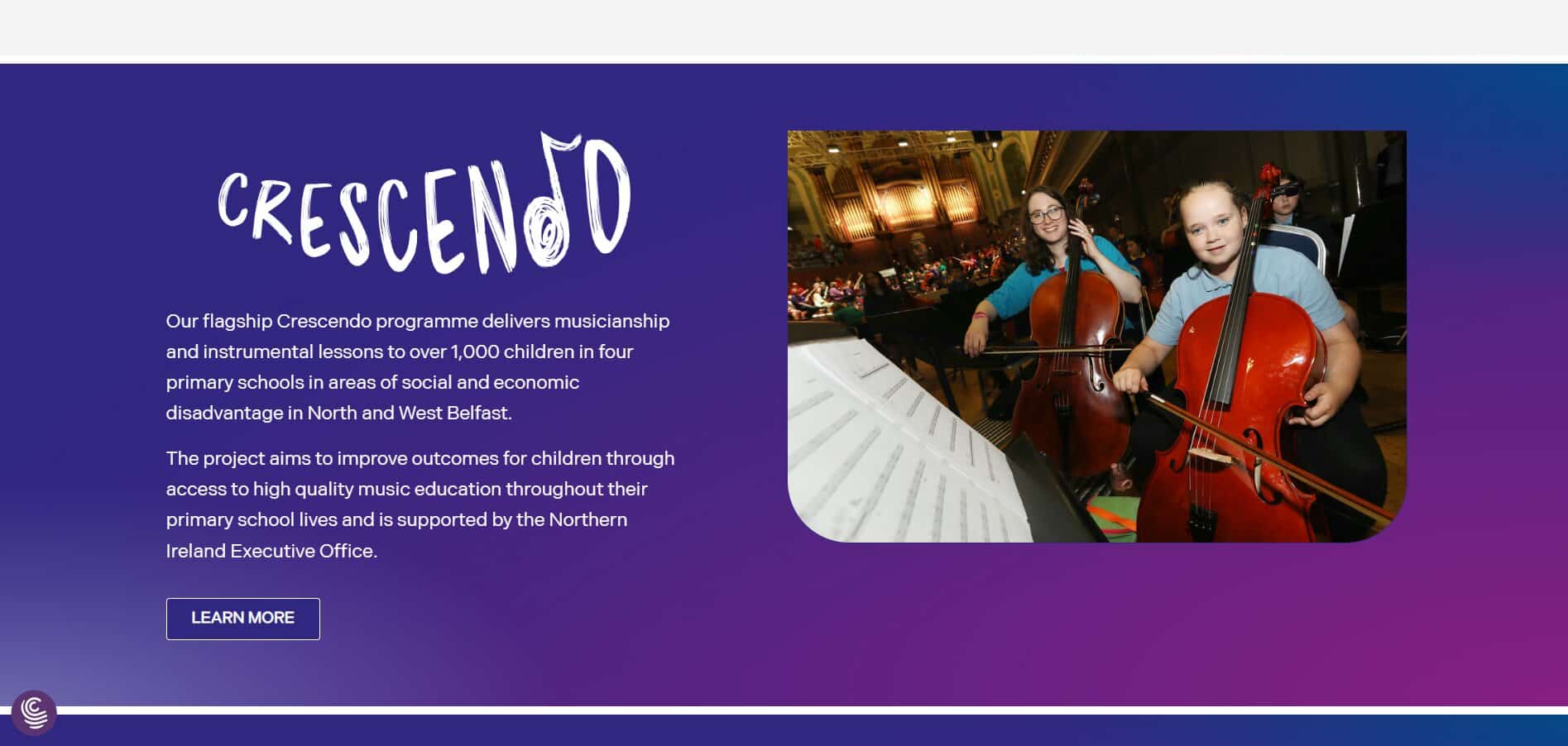Orchestra Website Design: Crescendo learning programme section with young cellists on the Ulster Orchestra site