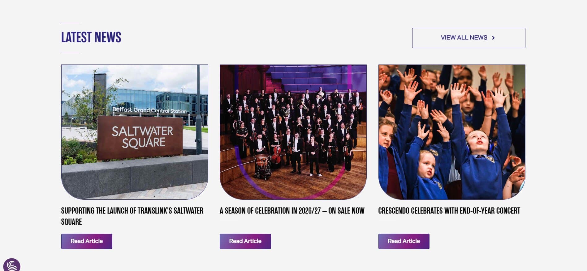 Orchestra Website Design: latest news section showing three article cards on the Ulster Orchestra website