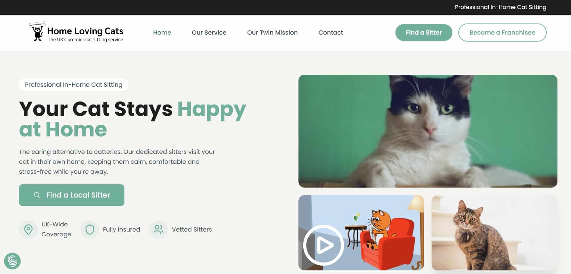 Franchise website design homepage hero on Home Loving Cats with sitter search and UK-wide coverage trust signals