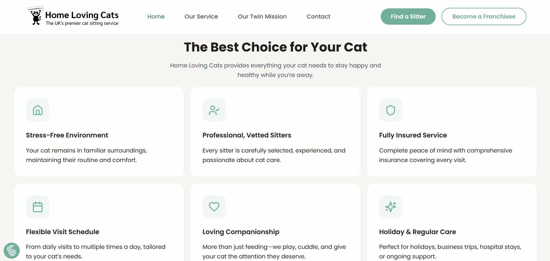 Franchise website design trust cards on Home Loving Cats covering vetted sitters, insurance and flexible visits