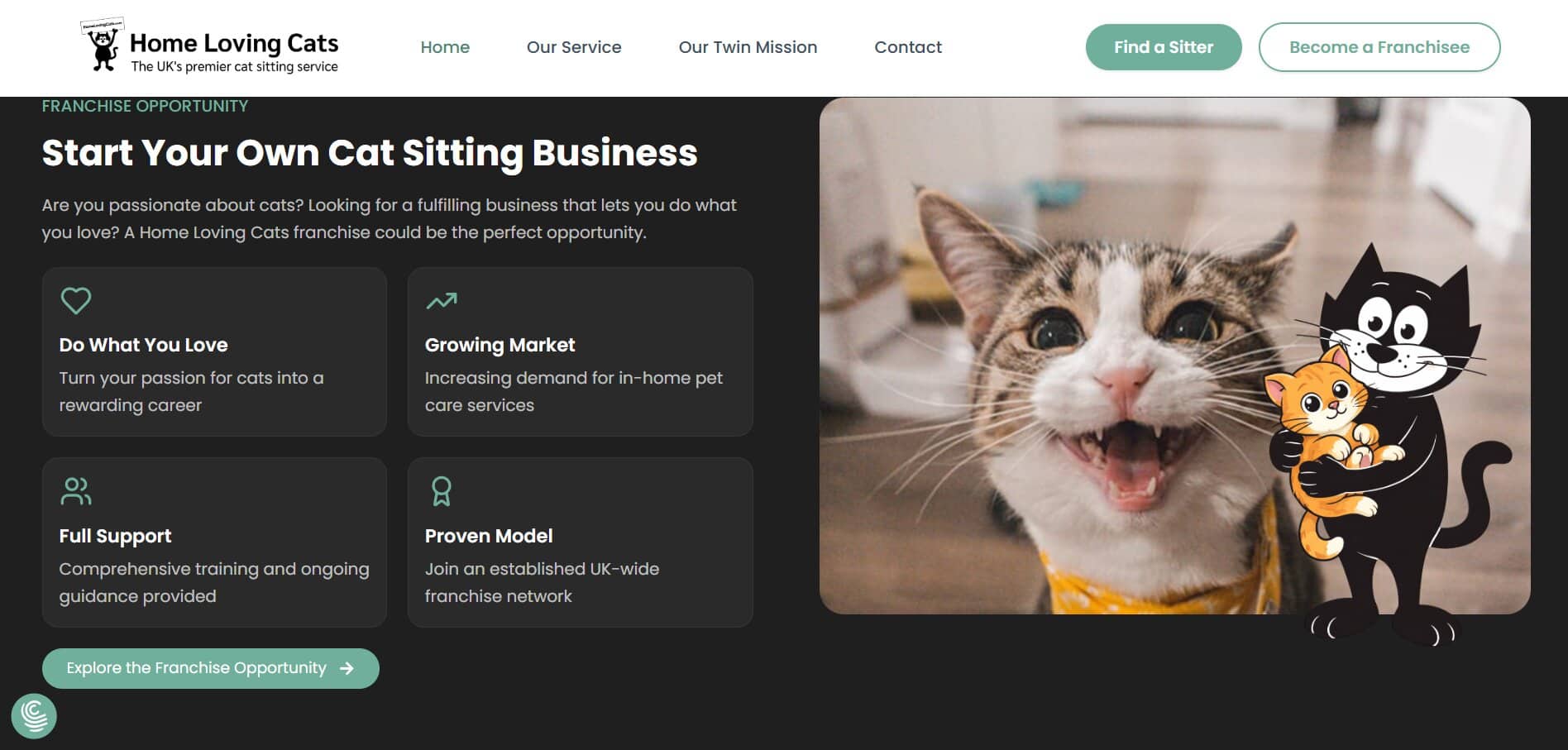 Franchise website design recruitment section on Home Loving Cats inviting visitors to start a cat sitting business