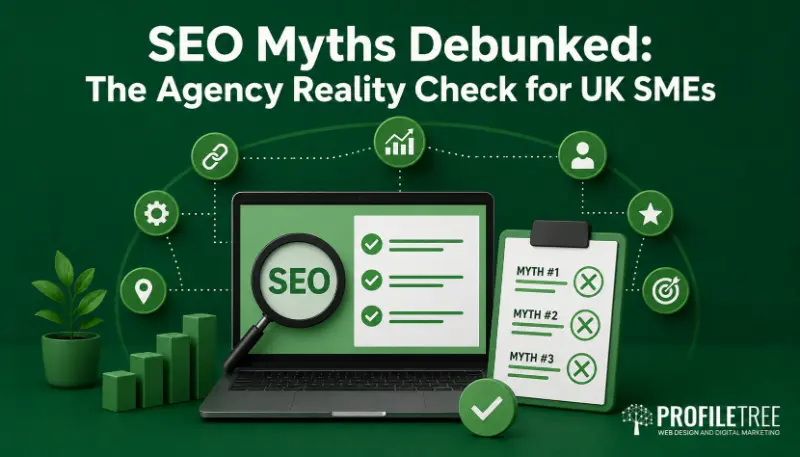 SEO Myths Debunked The Agency Reality Check for UK SMEs : A green-themed graphic featuring the headline “SEO Myths Debunked: The Agency Reality Check for UK SMEs,” complete with SEO icons, a laptop, checklist, magnifying glass, and the ProfileTree Web Design & Digital Marketing logo. This visual addresses common SEO myths and highlights the truth behind effective agency strategies for UK businesses.