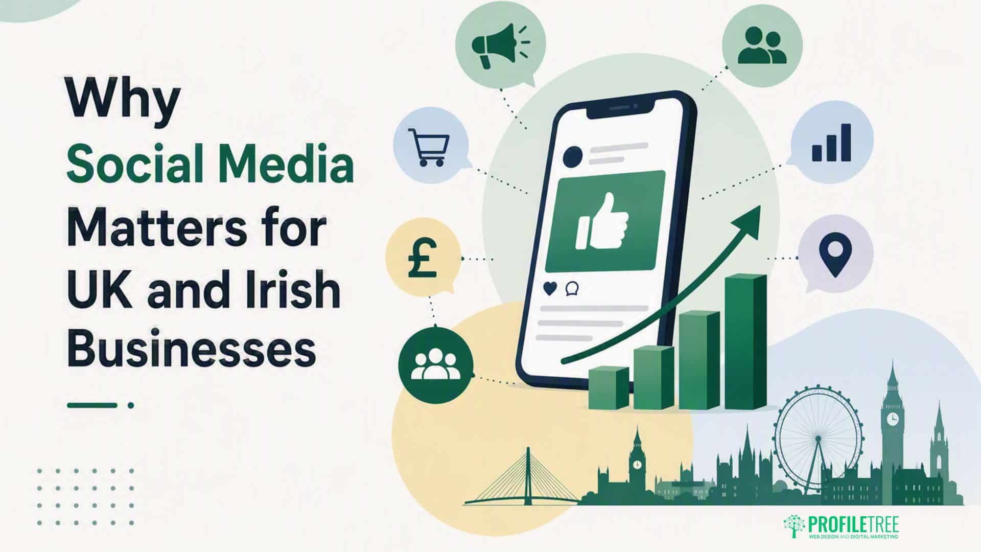 A graphic showing a mobile with a thumbs-up on screen, graphs, icons for trolleys and money, and text: Why Social Media Matters for UK and Irish Businesses. UK landmarks appear at the bottom, highlighting the powerful impact of social media for business in today’s marketplace.