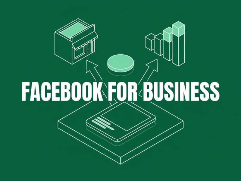 Isometric vector illustration showing Facebook for Business activity feeding a shopfront and a rising performance chart.