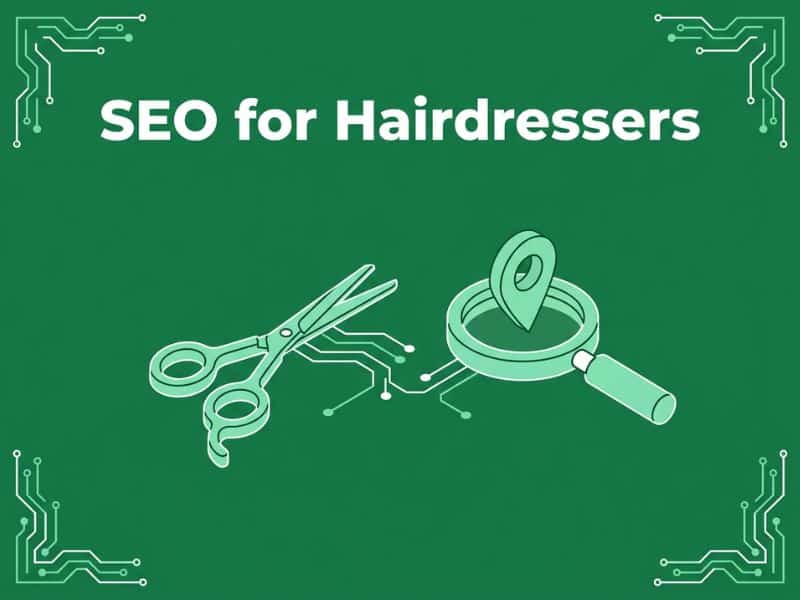 SEO for hairdressers illustration showing scissors linked to a search and location icon, representing local search visibility for hair salons