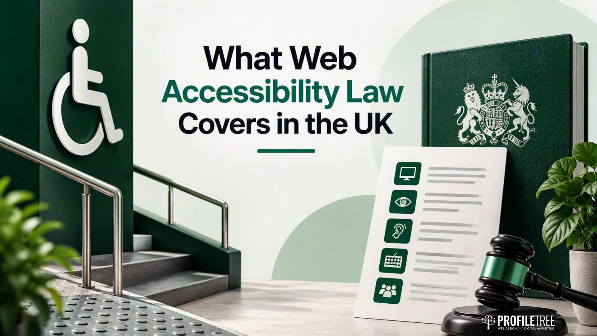 A document featuring accessibility icons, a gavel, a disability access symbol, and a UK government crest next to text reading What Web Accessibility Law Covers in the UK.