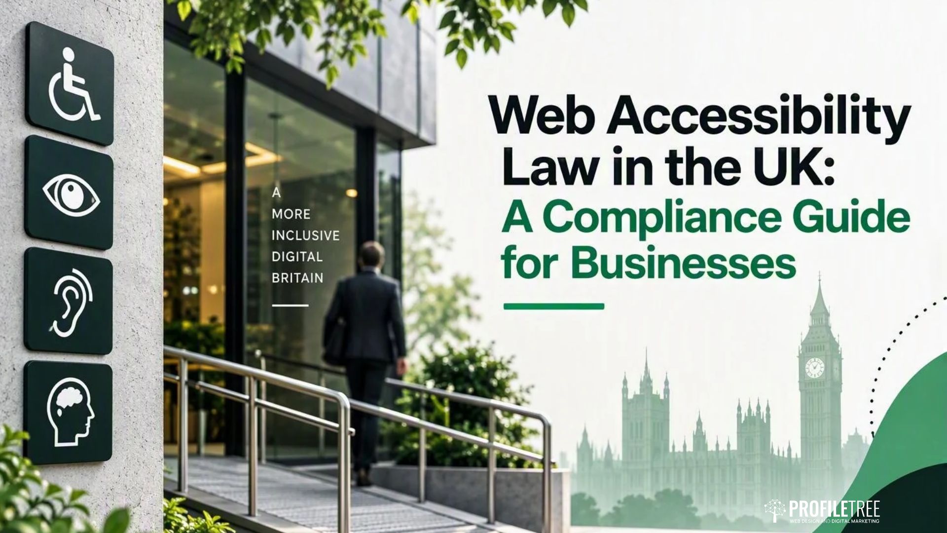 A person entering a building with a text overlay reading Web Accessibility Law in the UK: A Compliance Guide for Businesses, plus a side panel featuring accessibility icons and the phrase, A more inclusive digital Britain.