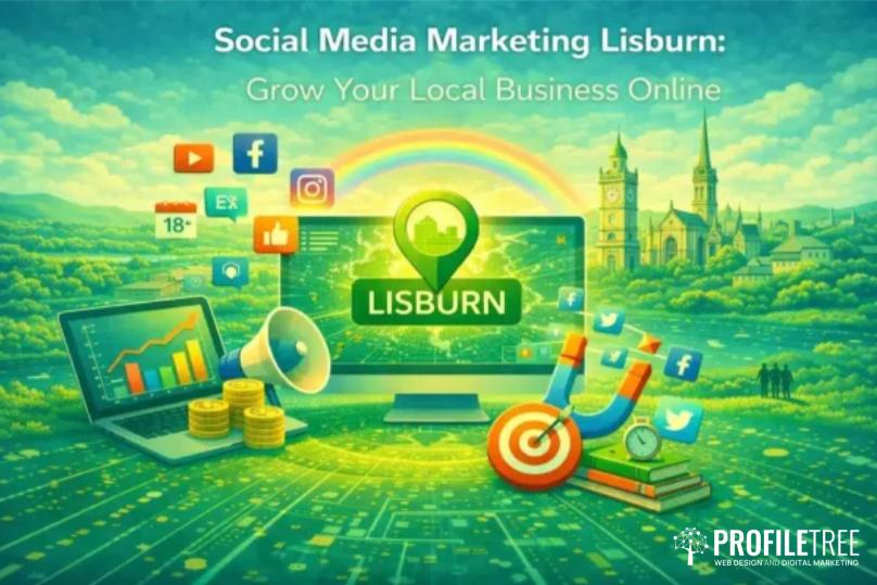 A colourful digital graphic promoting Social Media Marketing Lisburn showcases vibrant icons of popular social media platforms, dynamic growth charts, and a Lisburn location pin set against a cityscape background. Highlighting the power of Social Media Marketing in Lisburn, the PROFILETREE logo appears in the bottom right corner.
