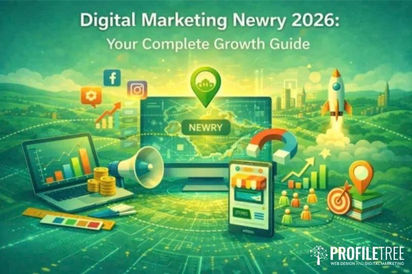 A digital illustration promoting Digital Marketing Newry 2026, featuring laptops, mobile devices, social media icons, a rocket, and charts that highlight SEO strategies, with a city map labelled Newry in the centre. PROFILETREE logo at bottom right.