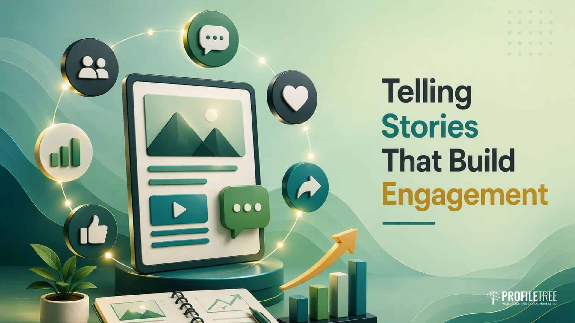 A digital illustration shows icons for media, chat, and likes around a tablet displaying images and videos, with the text Telling Stories That Build Engagement and a rising bar chart—highlighting the power of an effective Social Media Content strategy in today’s AI-driven world.
