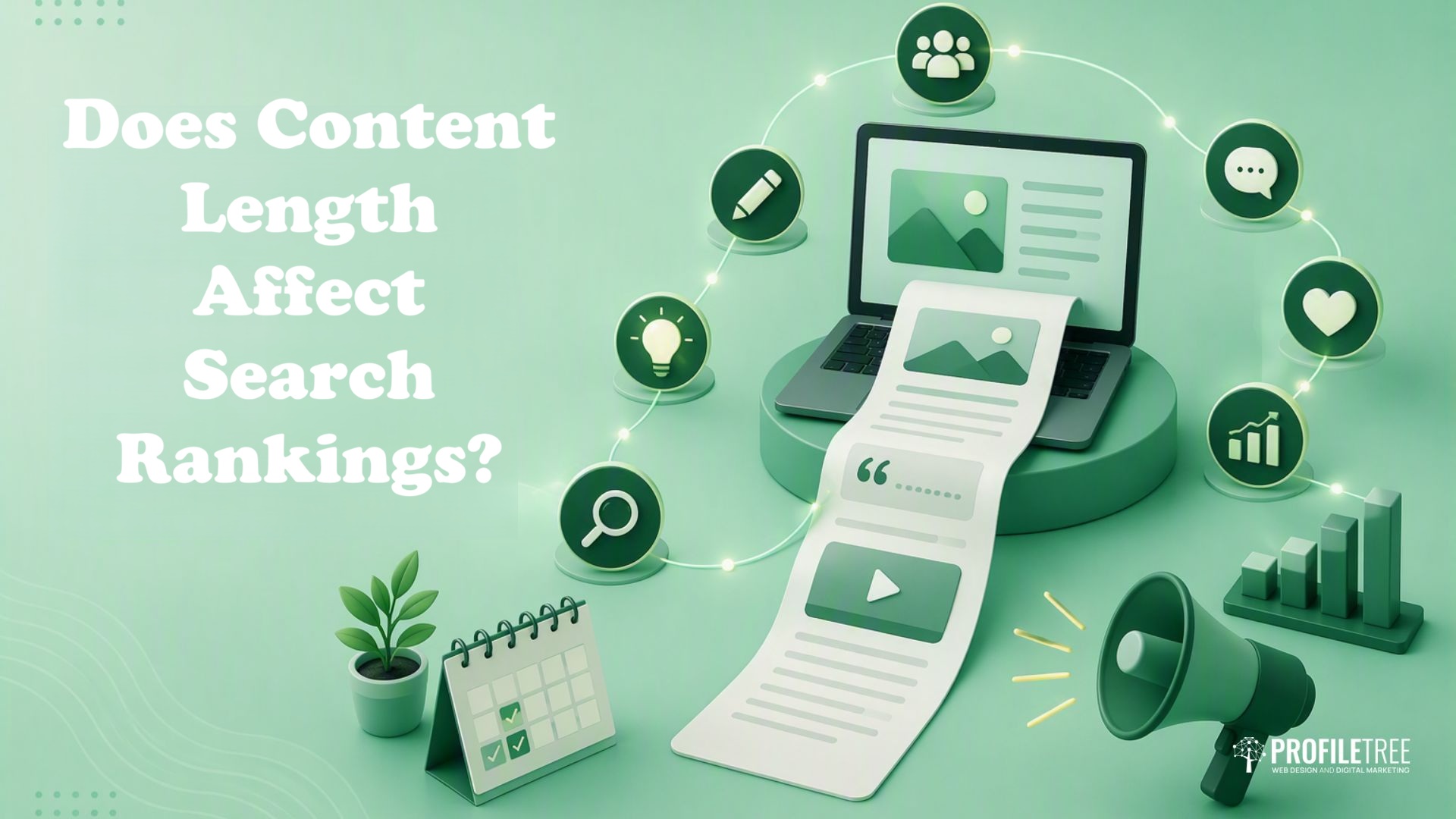 A graphic shows a laptop with a long document, surrounded by icons, text reading Does Content Length Affect Search Rankings?, and the ProfileTree logo. The scene features green tones and digital marketing elements, subtly highlighting concepts like content length SEO and search intent to emphasise the impact of long page strategies in modern optimisation.