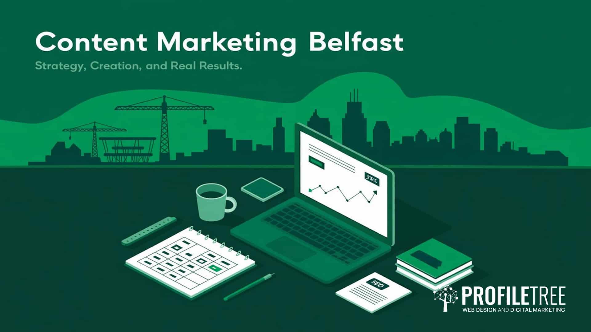 Illustration of a desk with a laptop, notebook, calendar, coffee, and mobile phone, set against a city skyline. Text reads: Content Marketing Belfast. Strategy, Creation, and Real Results in content marketing. PROFILETREE.