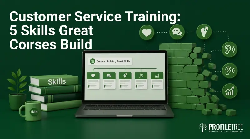 A green-themed graphic about customer service training features skill books, icons, a laptop displaying skill icons, and the text “Customer Service Training: 5 Skills Great Courses Build,” perfectly highlighting the importance of effective customer service training.