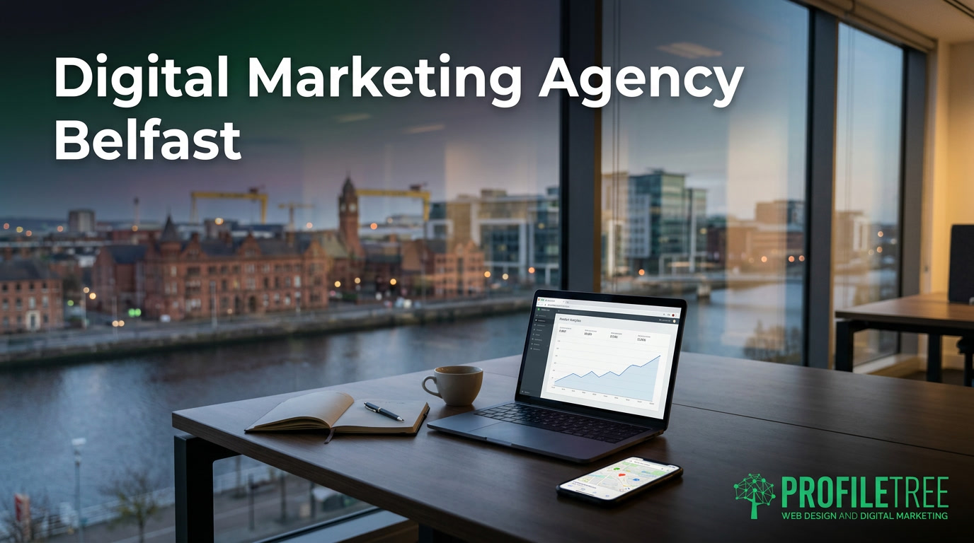 A laptop, notebook, and smartphone on a desk in an office overlooking the Belfast skyline, with the ProfileTree logo and text for a digital marketing Belfast overlaid.