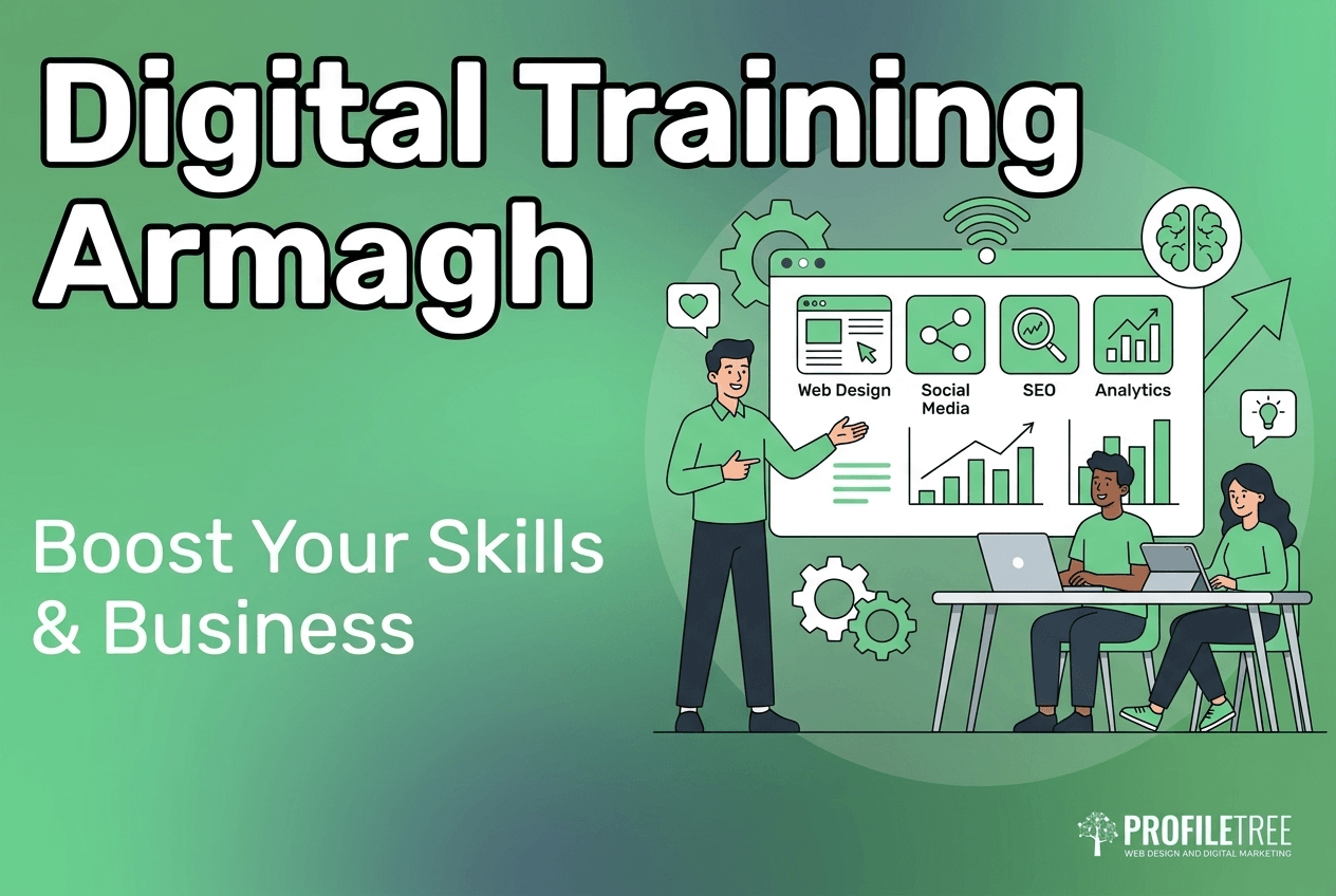 A professional team collaborating on web design, social media, SEO, and analytics to provide expert digital training in Armagh.