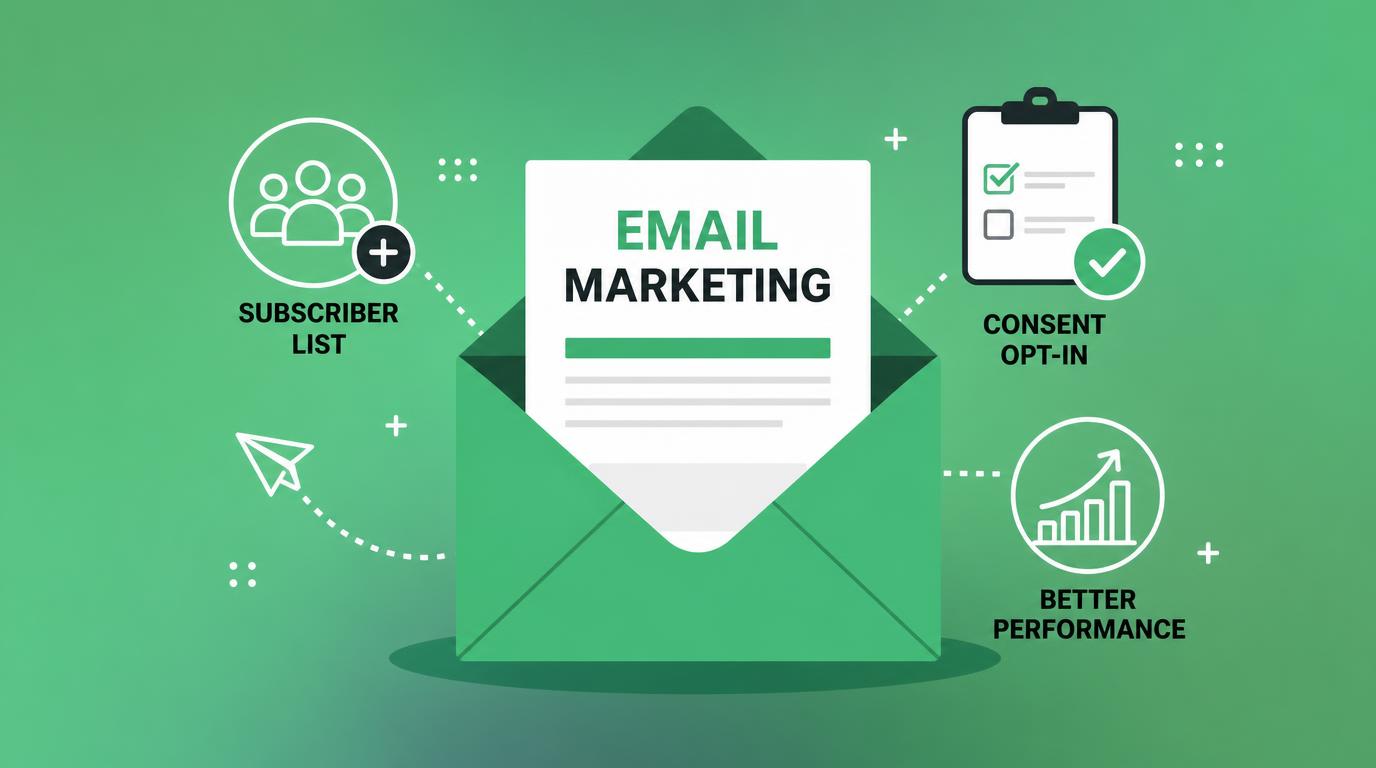 An open envelope with a paper labelled Email Marketing, surrounded by icons for email marketing essentials such as subscriber list, consent opt-in, and improved performance, on a green gradient background.