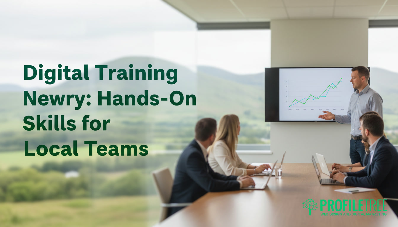 A presenter points to a rising line graph on a screen during a Digital Training Newry session, with the text Hands-On Skills for Local Teams overlaid on the image.