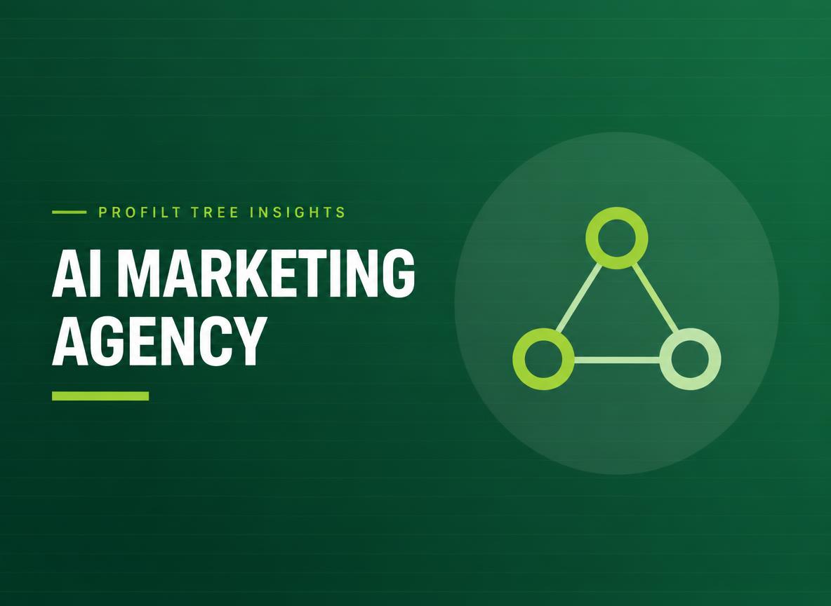 A green background features the text “Profit Tree Insights AI Marketing Agency” next to a triangle made of three connected circles, all in harmonious shades of green.