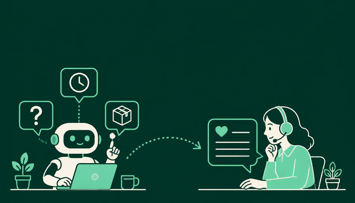 Illustration of a robot and a woman at desks, each with laptops. The robot has question, clock, and box icons, while the woman wears a headset and reads a message with a heart symbol. Arrows connect them. ai customer service