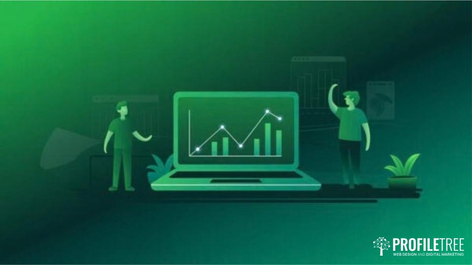 Two people stand near a laptop displaying a rising line graph and bar chart—symbols of successful SEO and digital growth—surrounded by lush plants. The scene has a green digital theme, reflecting the dynamic world of Search Engine Optimisation. The PROFILETREE Web Design and Digital Marketing logo is in the bottom right corner.