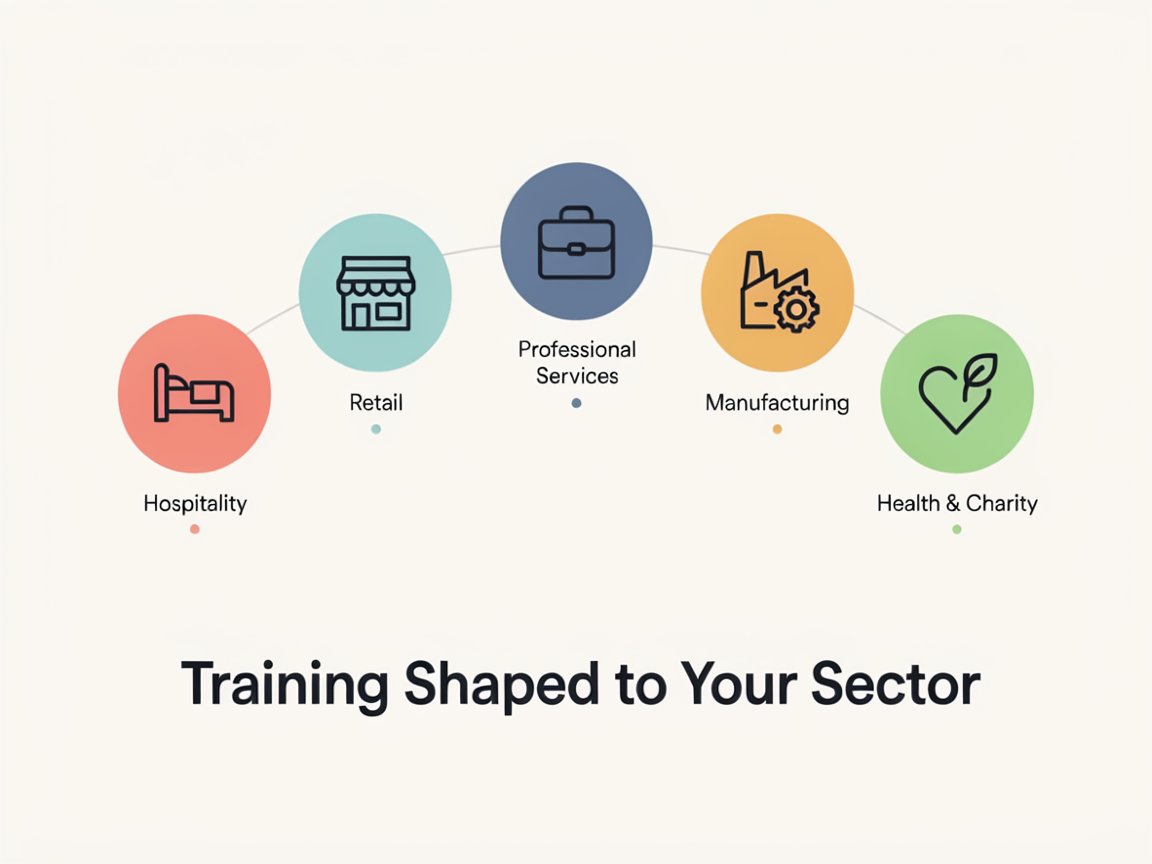 Five coloured circles with icons represent sectors: Hospitality (bed), Retail (shopfront), Professional Services (briefcase), Manufacturing (factory), and Health & Charity (heart). Text below reads Training Shaped to Your Sector—empowering your business with Digital Training tailored for Fermanagh and Omagh.