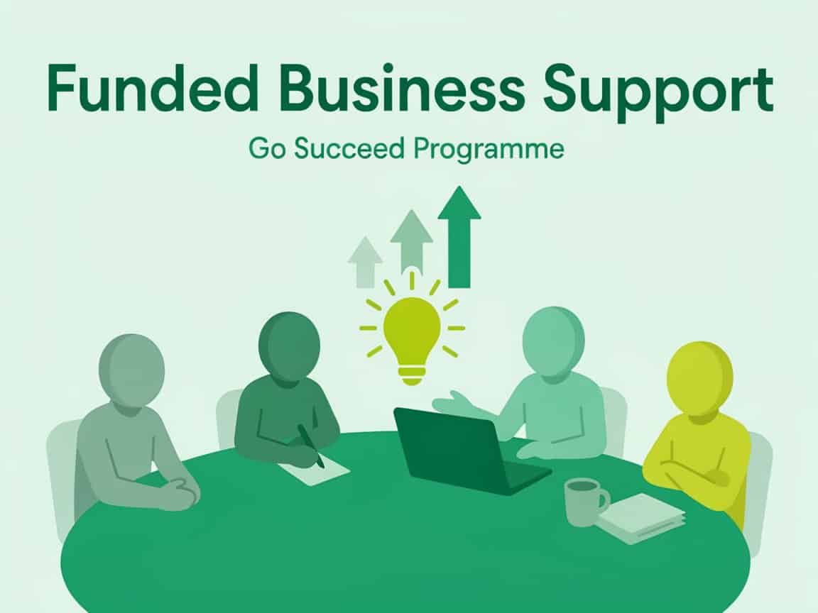 Four illustrated people sit around a table with a laptop, coffee mug, and notepad. An image of a lightbulb and upward arrows is above them. Text reads: Funded Business Support - Go Succeed Programme. Whether you’re in Ballymena or looking to boost your SEO strategy, discover how the Go Succeed Programme empowers local businesses for growth and success.