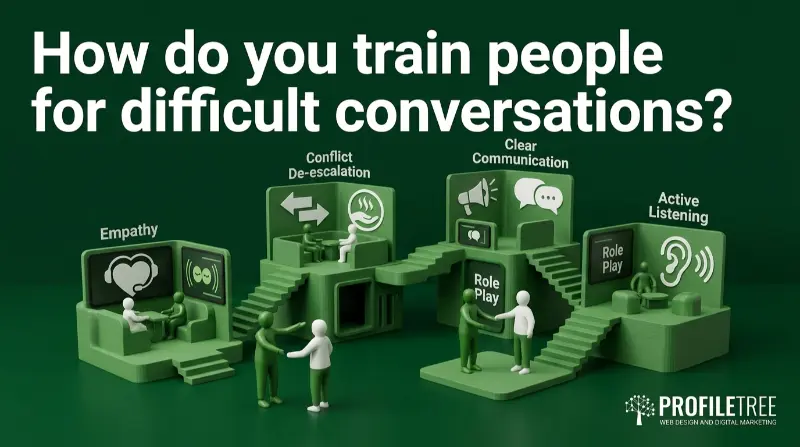 3D figures role-play empathy, conflict de-escalation, clear communication, and active listening to illustrate effective Customer Service training. The text reads, How do you train people for difficult conversations? The ProfileTree logo is at the bottom right-hand corner.
