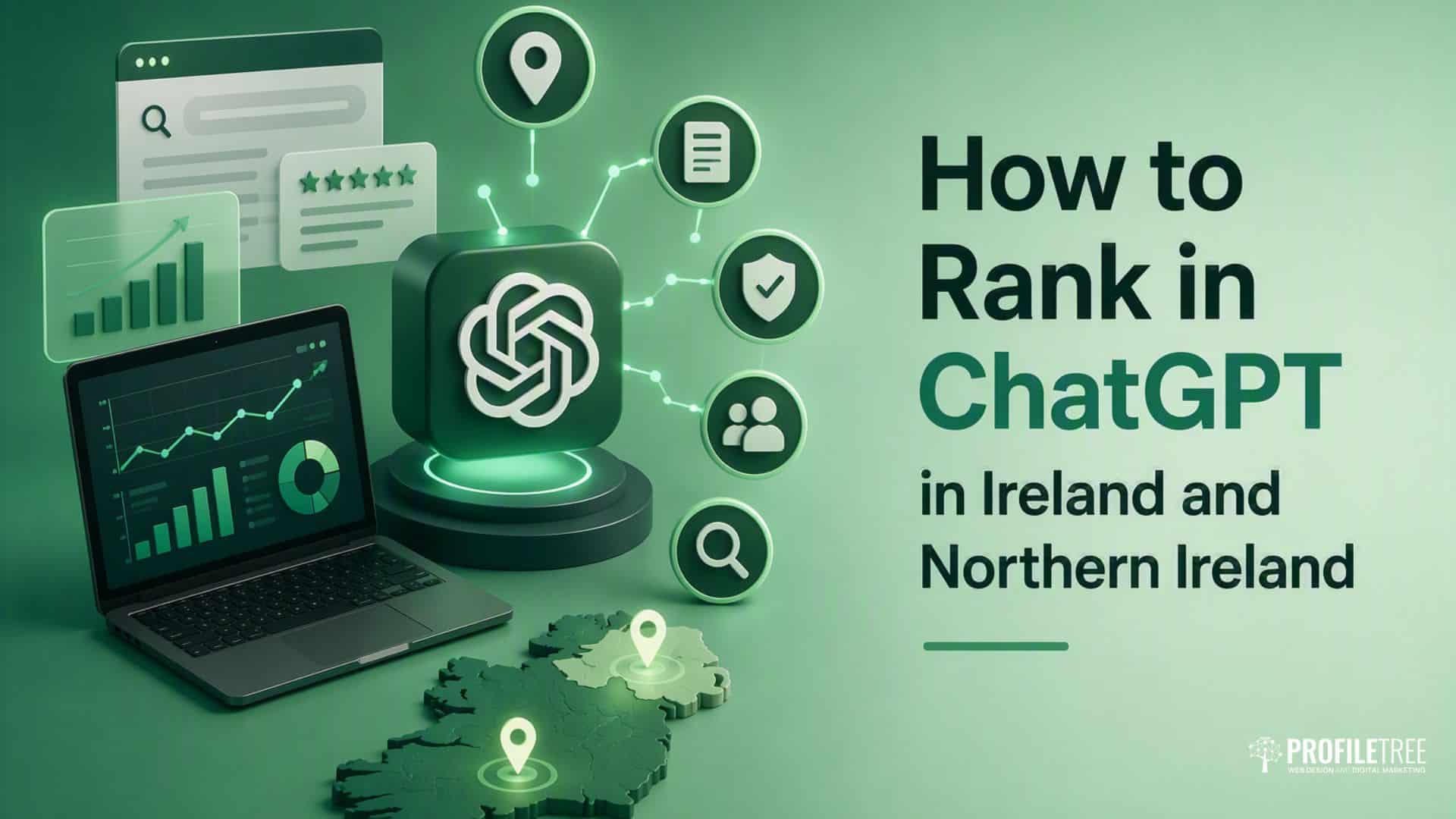 A green-themed graphic featuring charts, a laptop, map pins on Ireland, and the ChatGPT logo, with the text: How to Rank in ChatGPT in Ireland and Northern Ireland. Ideal for showcasing strategies for business growth and highlighting businesses recommended by ChatGPT.