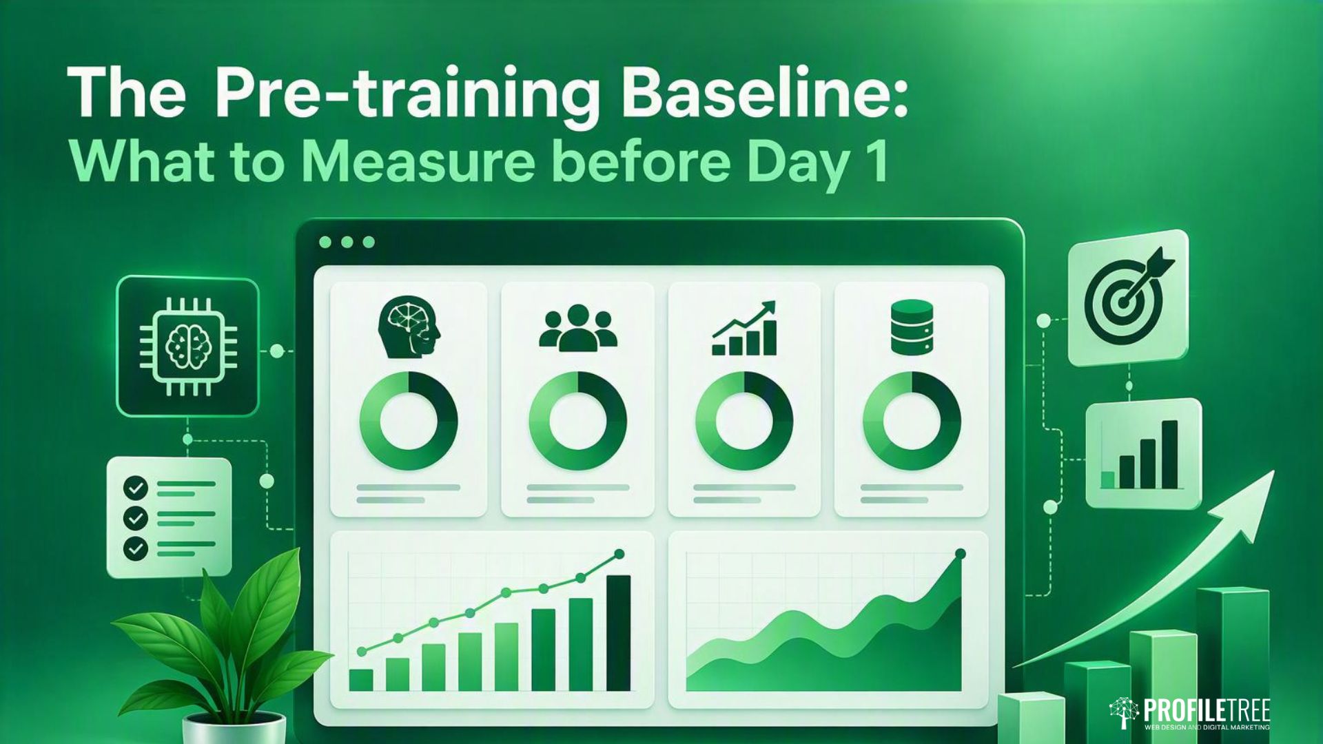Infographic titled The Pre-training Baseline: What to Measure before Day 1, featuring a digital dashboard with data charts, icons, and a rising trend arrow for measuring AI effectiveness.