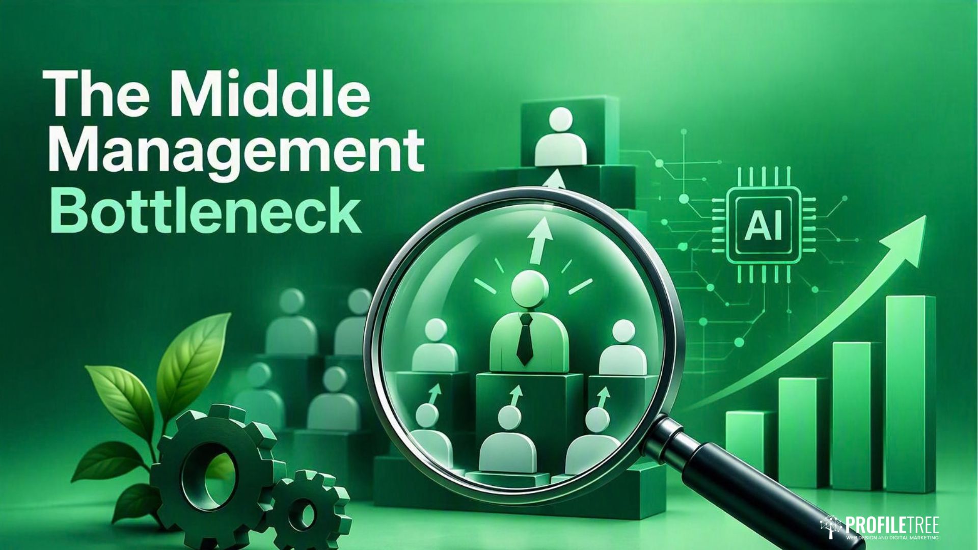 A magnifying glass focused on a corporate hierarchy of stylised people icons, illustrating the middle management bottleneck and measuring AI impact on approved tools, set against a green background.