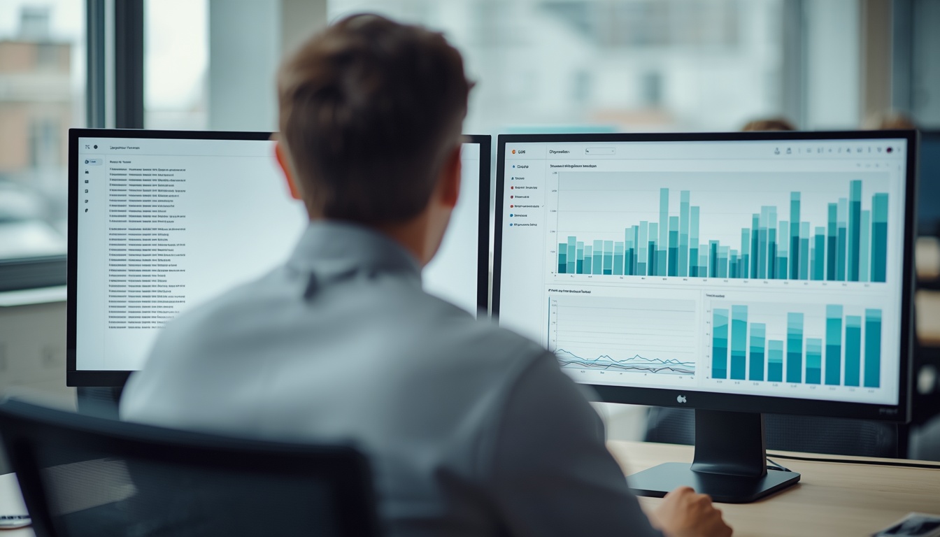 A man sits at a desk analysing data on two computer monitors, one displaying a list and the other showing bar and line graphs, as he conducts keyword research with AI in a modern office setting.