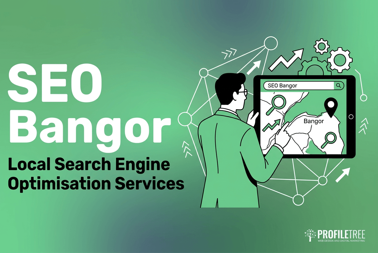 A person holds a tablet displaying a map of Bangor with search icons next to the text for SEO Bangor services.