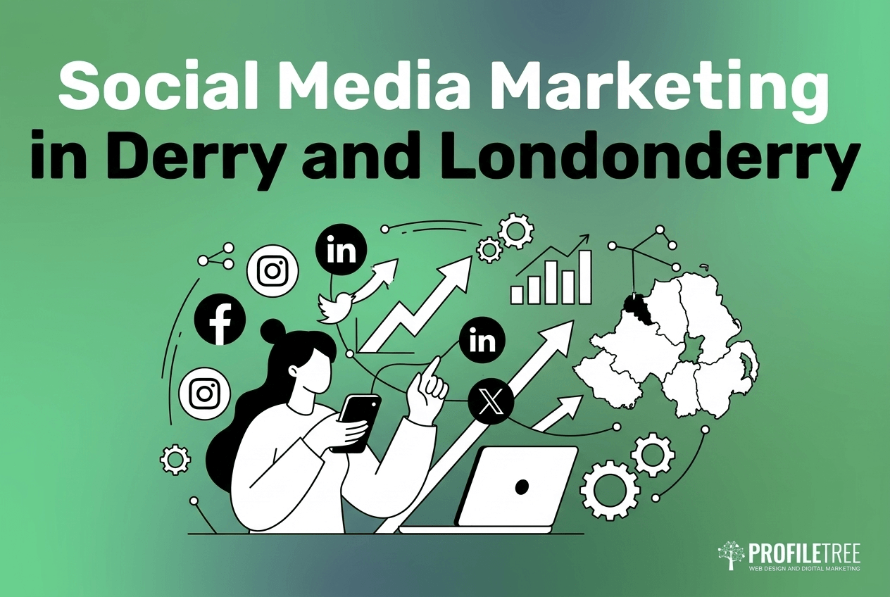 Illustration of a person using a mobile phone near a laptop, social media icons, and a map of Northern Ireland highlighting Derry, representing Social Media Marketing Derry and Londonderry.