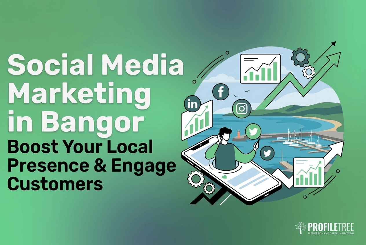 Graphic titled Social Media Marketing in Bangor, featuring an illustration of a person interacting with social media icons and charts on a mobile phone screen above a coastal landscape.
