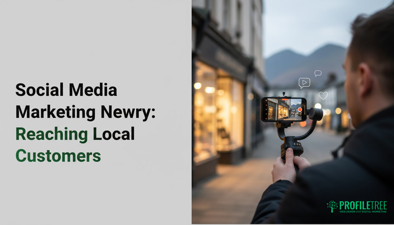 A person uses a gimbal-mounted mobile to film a street scene, accompanied by the text: Social Media Marketing Newry: Reaching Local Customers.