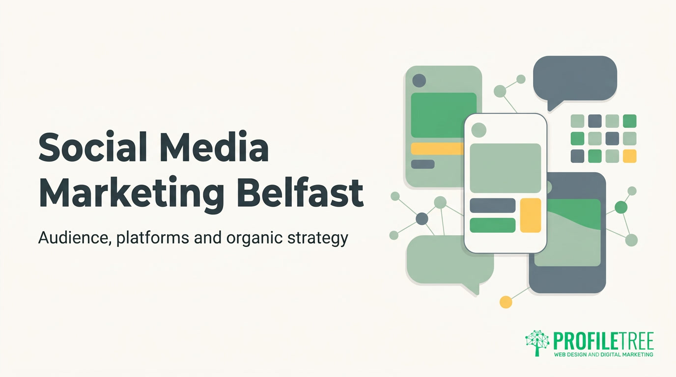 Social Media Marketing Belfast: Audience, platforms and organic strategy, featuring a digital illustration of app icons and speech bubbles with the ProfileTree logo, highlighting the importance of paid social in your social media strategy.
