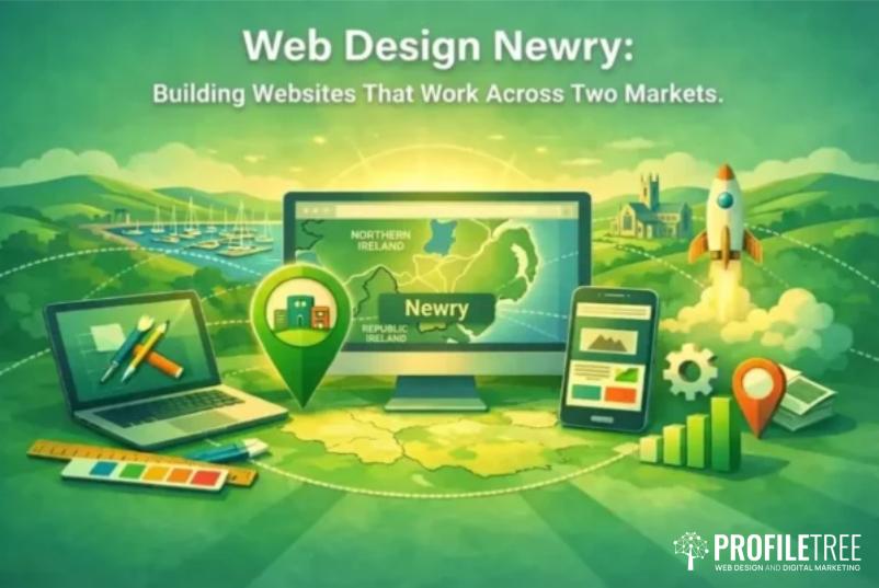A digital illustration featuring laptops, tablets, and a monitor displaying maps and graphs, with Web Design Newry: Building Websites That Work Across Two Markets text prominently displayed. The ProfileTree logo sits in the corner, emphasising expert Web Design services uniquely tailored for businesses in Newry.