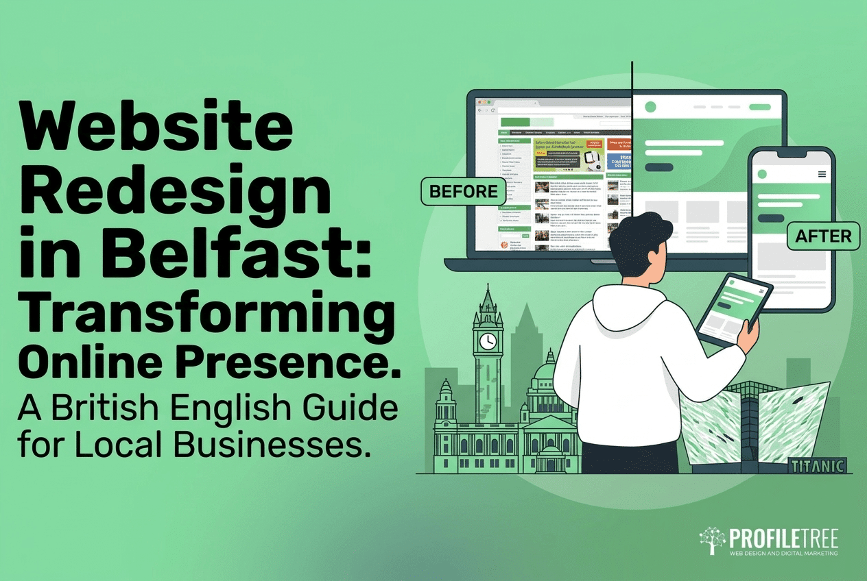 A person holding a tablet compares a website before and after a redesign, with text reading Website Redesign Belfast: Transforming Online Presence. A British English Guide for Local Businesses. and the ProfileTree logo in the corner.