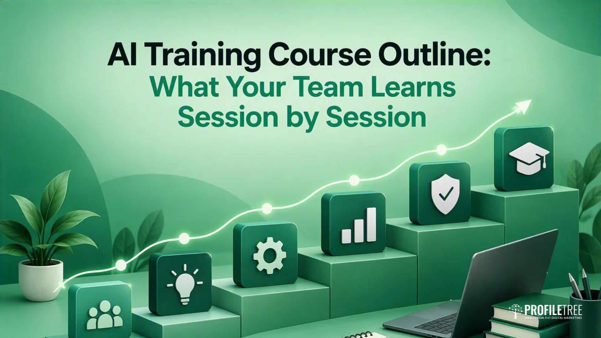 A green-themed graphic shows an AI training course outline with session icons on steps, showcasing gears, a chart, a shield, and a graduation cap. Text reads: AI Training—What Your Team Learns Session by Session.